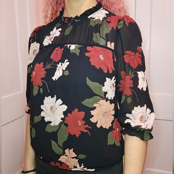 Monteau Tops - Floral Black Blouse 3/4 Sleeve